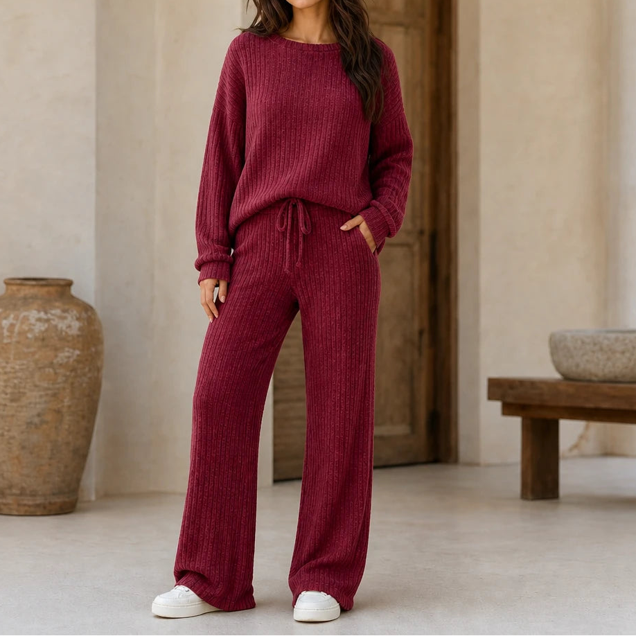 Dames Geribd Loungewear Set in bordeauxrood, Comfortabel Thuiskleding