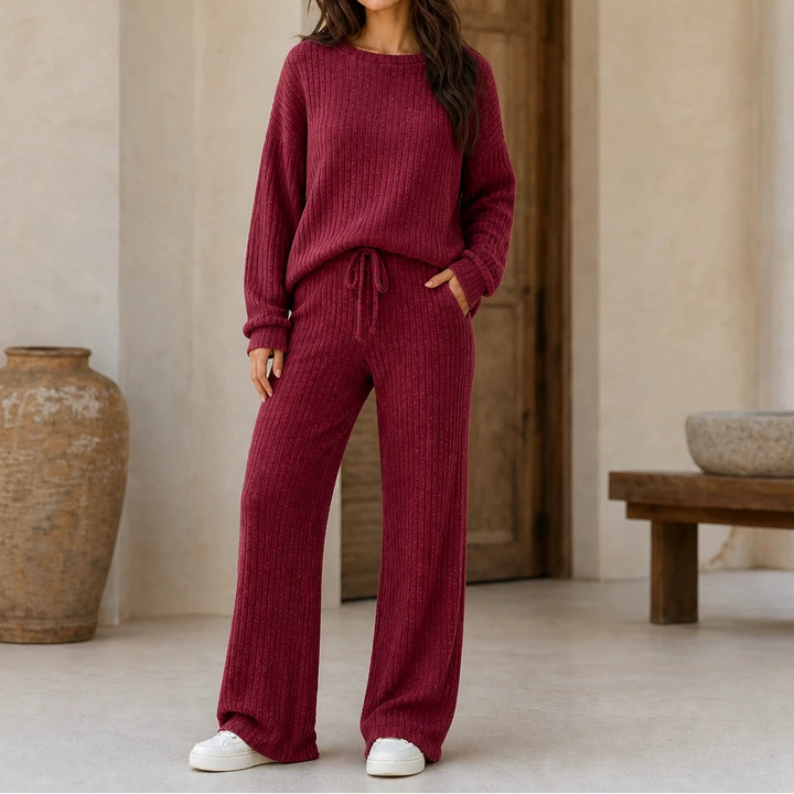 Dames Geribd Loungewear Set in bordeauxrood, Comfortabel Thuiskleding