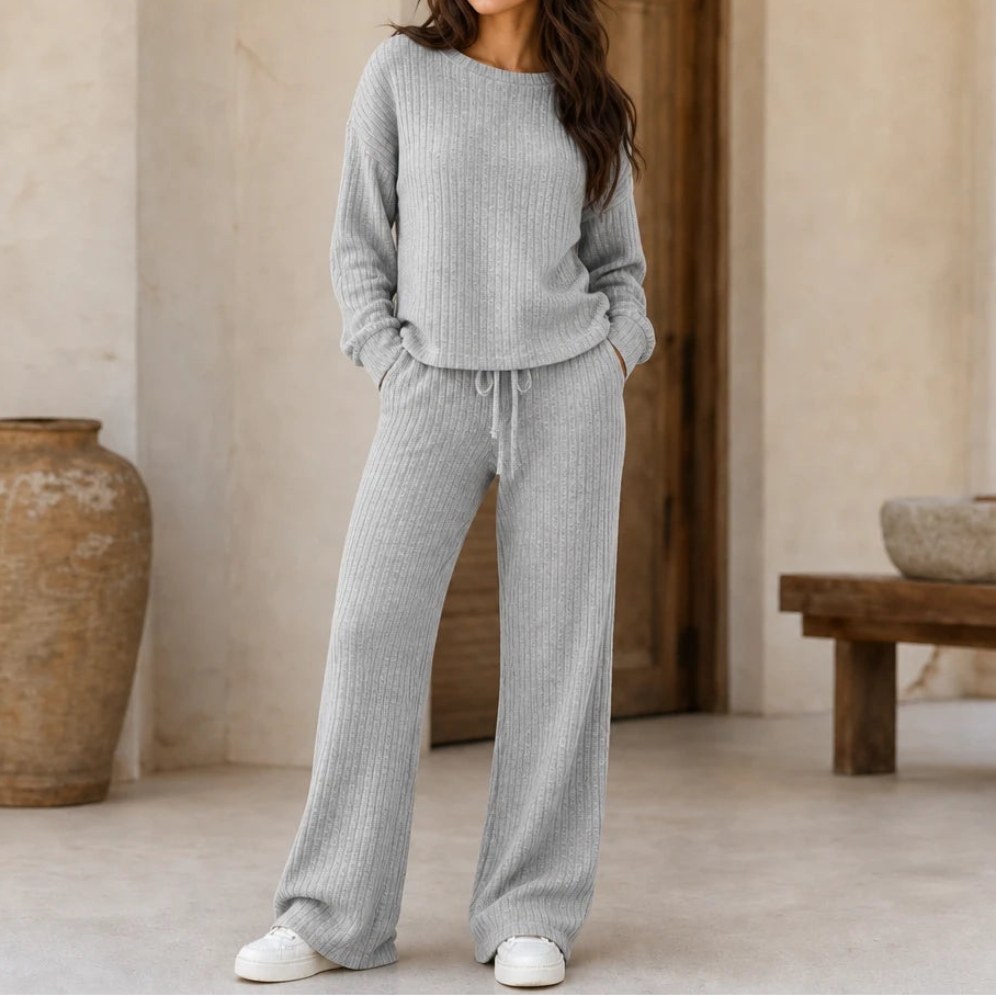 Dames Geribd Loungewear Set in lichtgrijs, Comfortabel Thuiskleding