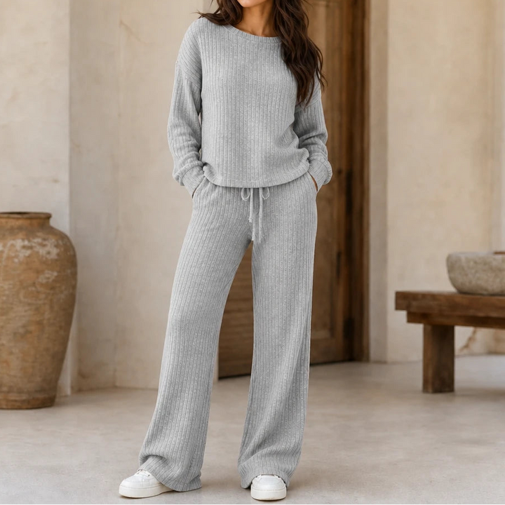 Dames Geribd Loungewear Set in lichtgrijs, Comfortabel Thuiskleding