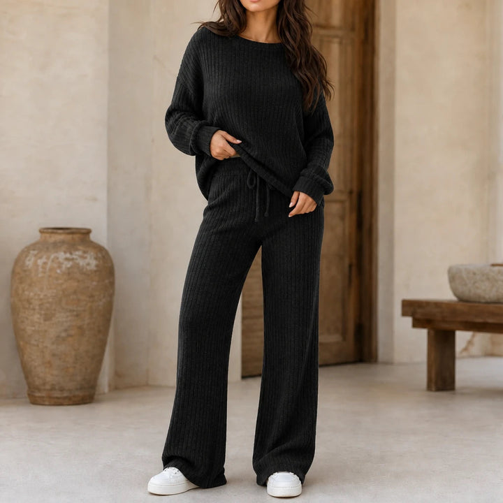 Dames Geribd Loungewear Set in zwart, Comfortabel Thuiskleding