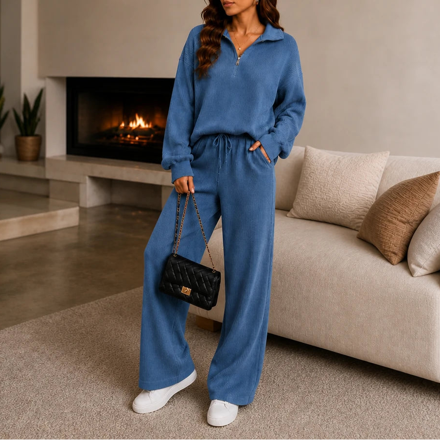 Dames Geribd Loungewear Set in blauw, Wijde Broek en Top