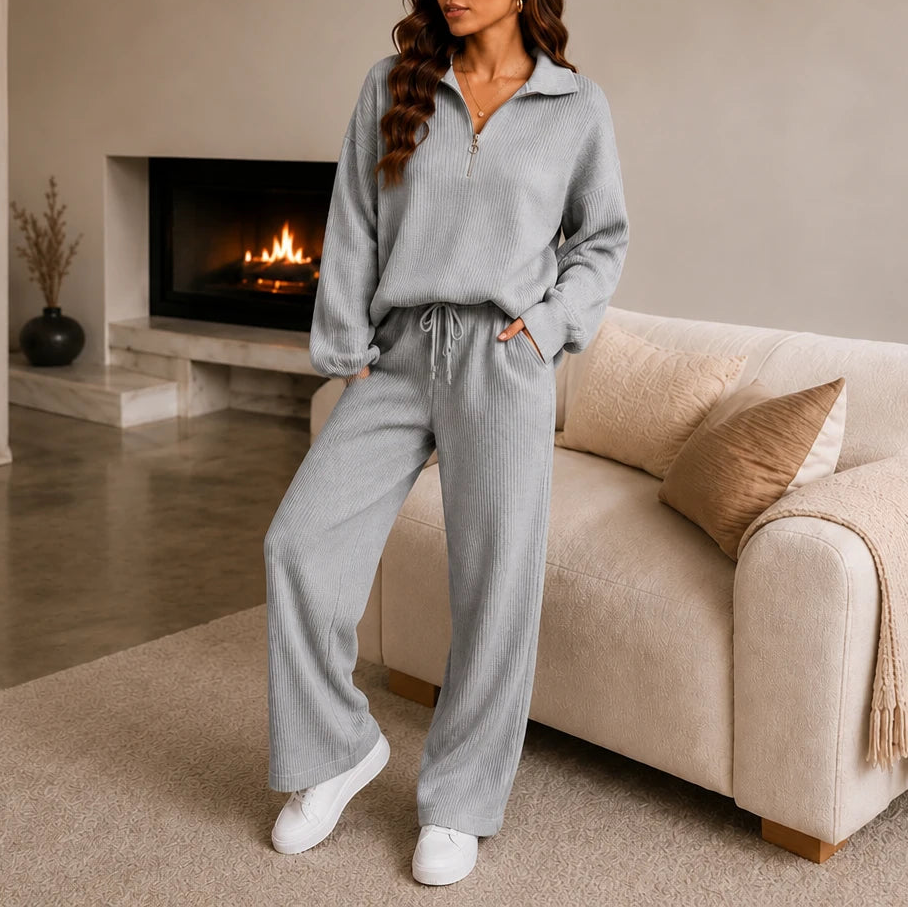 Dames Geribd Loungewear Set in grijs, Wijde Broek en Top