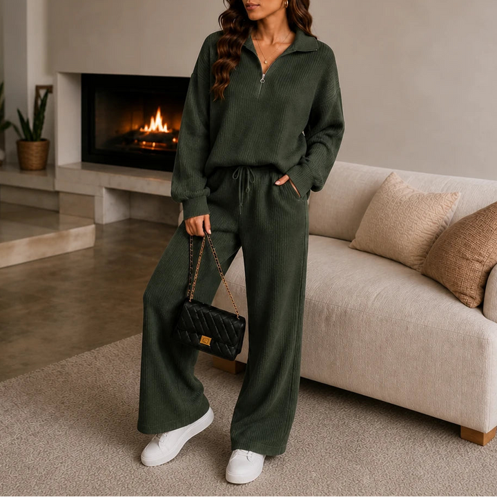 Dames Geribd Loungewear Set in legergroen, Wijde Broek en Top