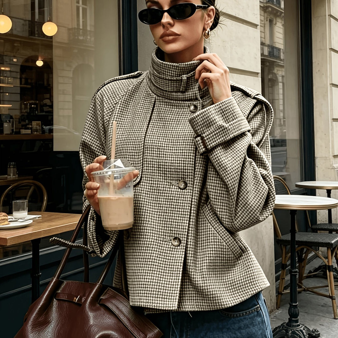Dames Geruite Blazer met Staande Kraag in khaki, Klassiek Zijden Jasje