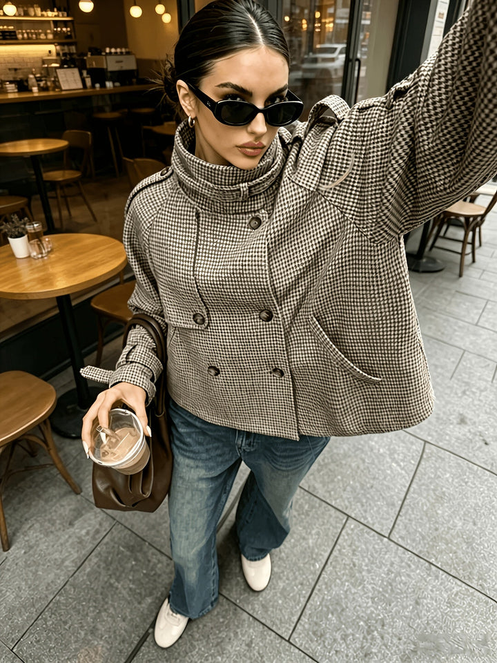 Dames Geruite Blazer met Staande Kraag - Klassiek Zijden Jasje