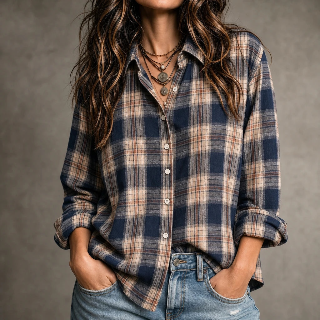 Dames Geruite Blouse met Knopen in blauw, Casual Oversized Fit