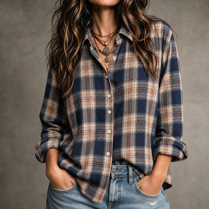 Dames Geruite Blouse met Knopen in blauw, Casual Oversized Fit