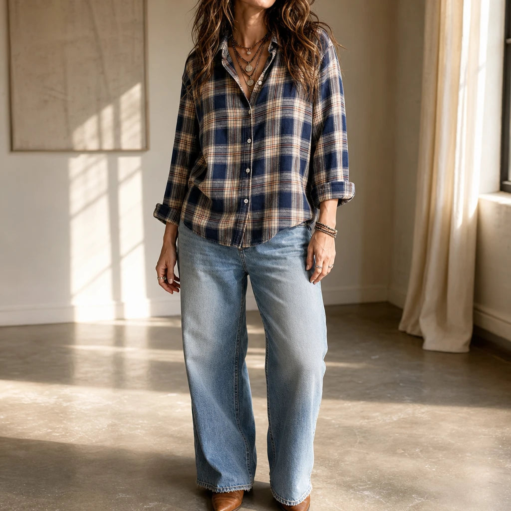Dames Geruite Blouse met Knopen - Casual Oversized Fit