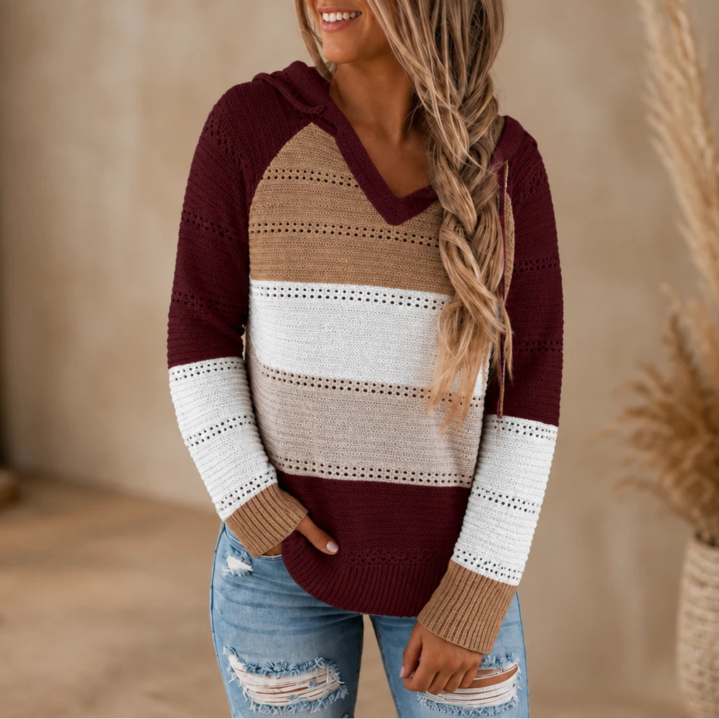 Dames Gestreepte Hollow-Knit Hoodie in bourgondië, Relaxed Fit