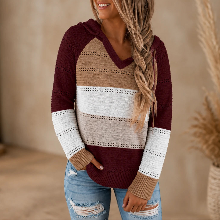 Dames Gestreepte Hollow-Knit Hoodie in bourgondië, Relaxed Fit
