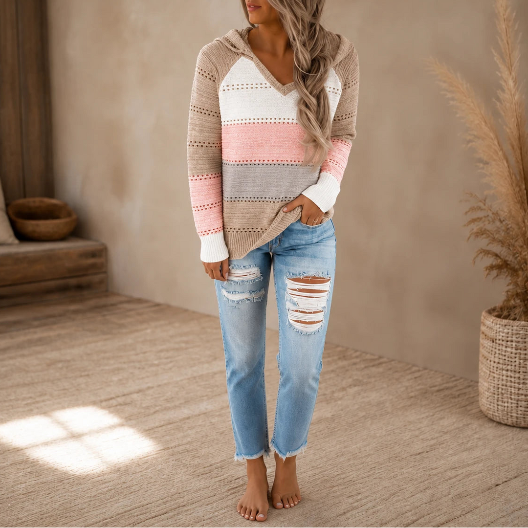 Dames Gestreepte Hollow-Knit Hoodie in bruin, Relaxed Fit