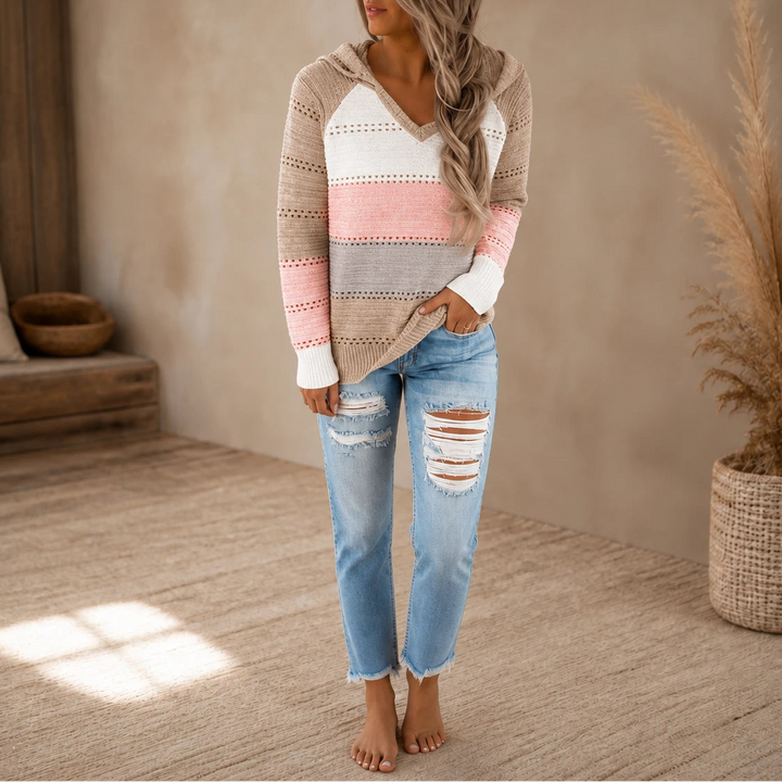Dames Gestreepte Hollow-Knit Hoodie in bruin, Relaxed Fit