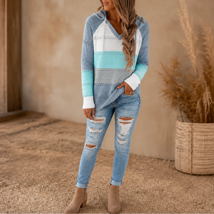 Dames Gestreepte Hollow-Knit Hoodie in hemelsblauw, Relaxed Fit