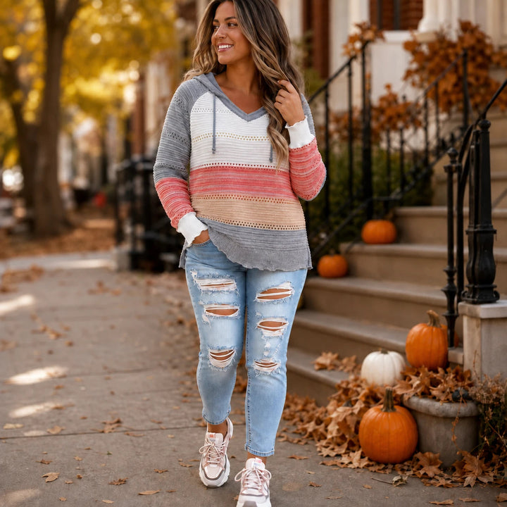 Dames Gestreepte Hollow-Knit Hoodie - Relaxed Fit