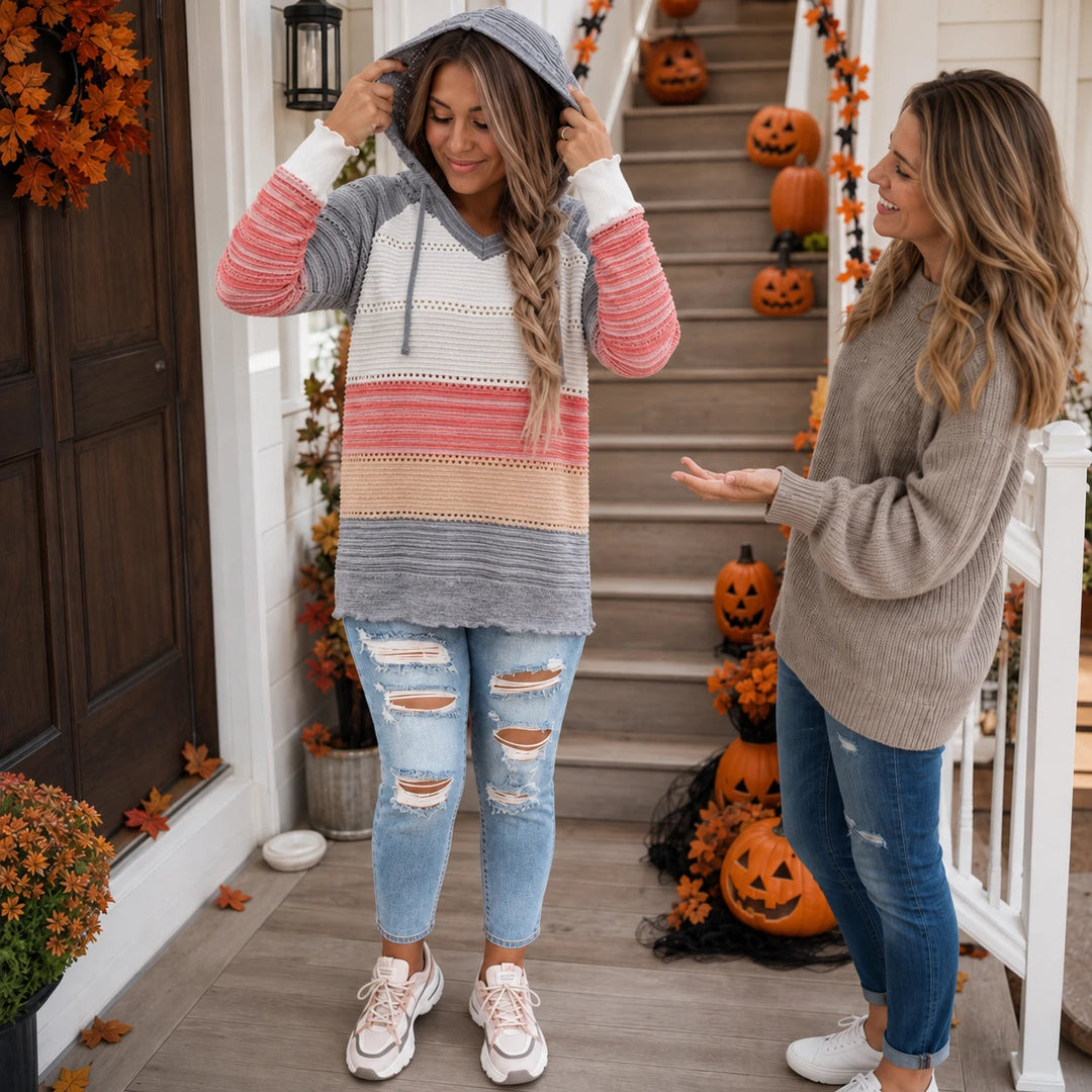 Dames Gestreepte Hollow-Knit Hoodie - Relaxed Fit