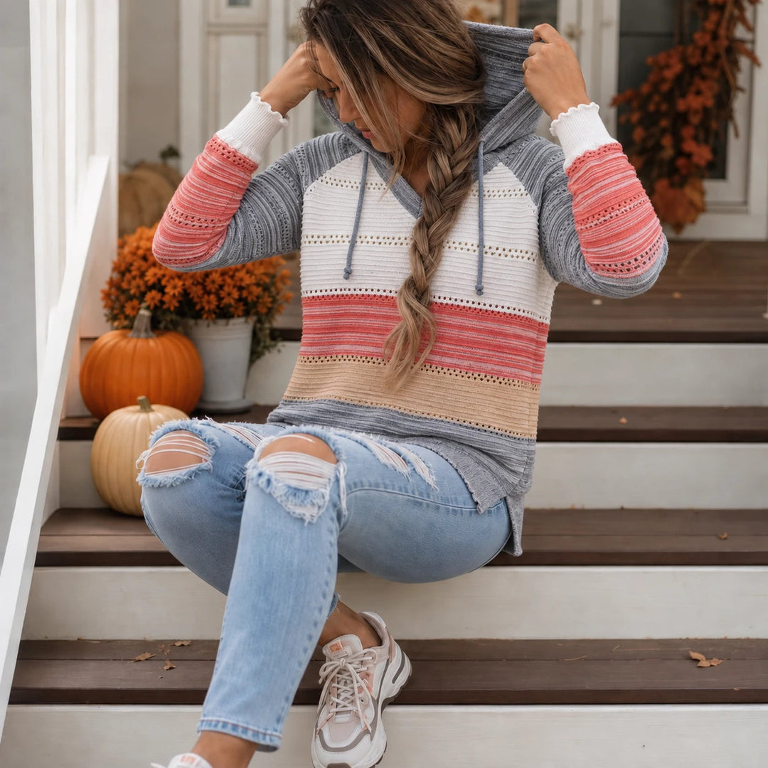 Dames Gestreepte Hollow-Knit Hoodie - Relaxed Fit