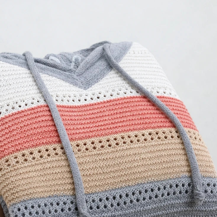 Dames Gestreepte Hollow-Knit Hoodie - Relaxed Fit