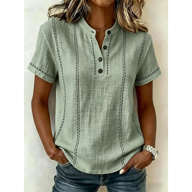 Dames Gestreepte Korte Mouw Blouse in groen, Vintage Stijl