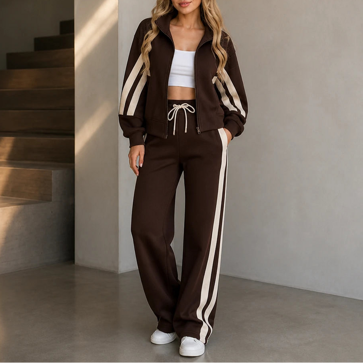 Dames Gestreepte Loungewear Set in donkerbruin, Comfortabel Tweedelig
