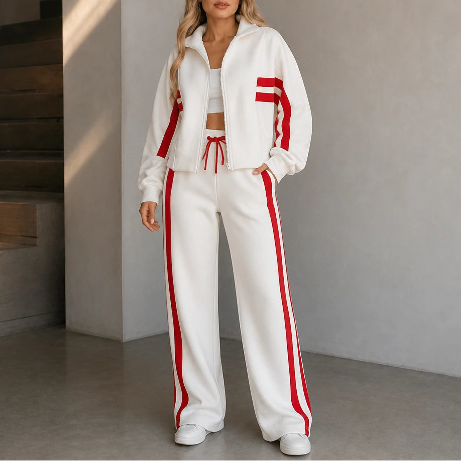 Dames Gestreepte Loungewear Set in wit, Comfortabel Tweedelig