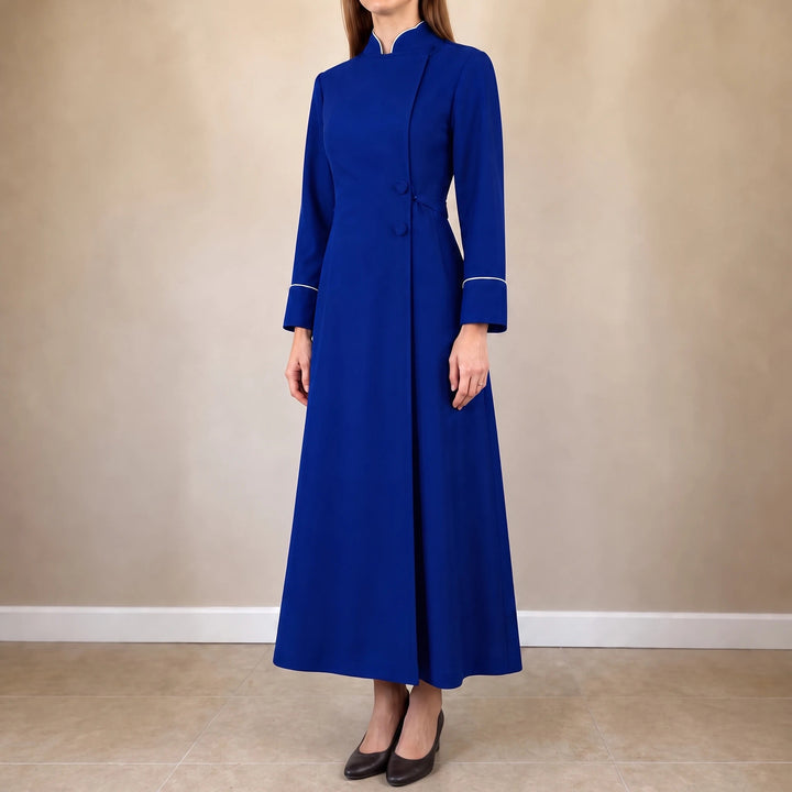 Dames Gewaad met Opstaande Kraag in koninklijkblauw, Elegante Liturgische Jurk