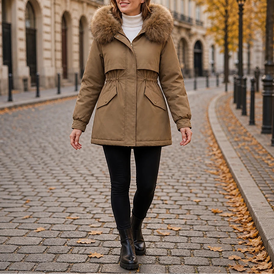 Dames Gewatteerde Parka Halflang in koffie, Slim Fit