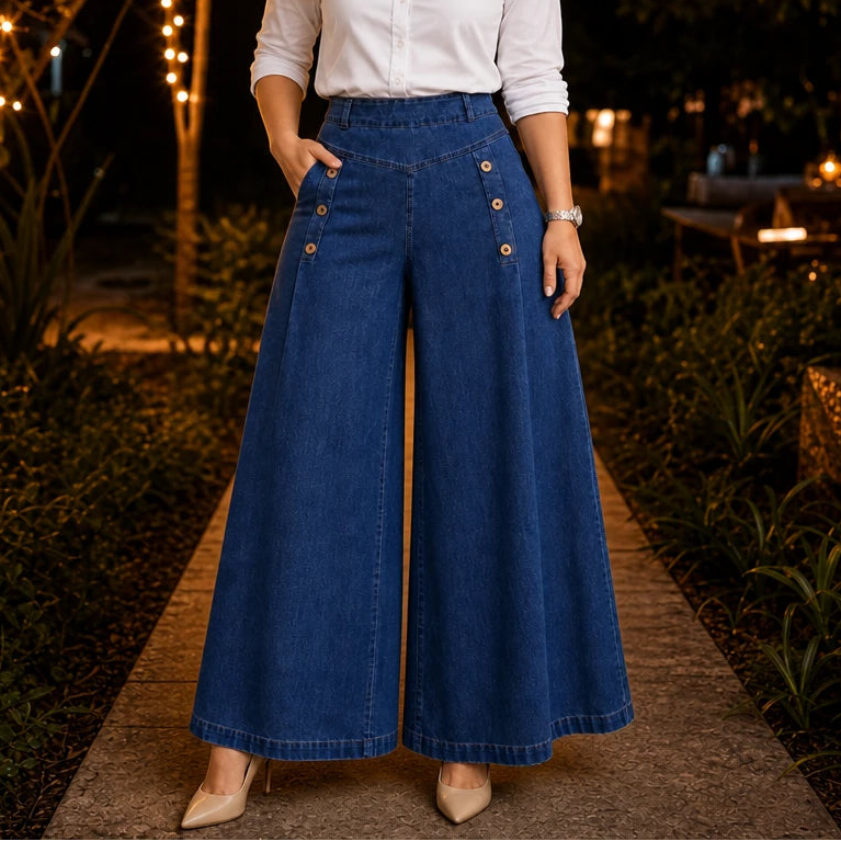 Dames High-Waist Wide-Leg Jeans in donkerblauw, Rechte Pasvorm