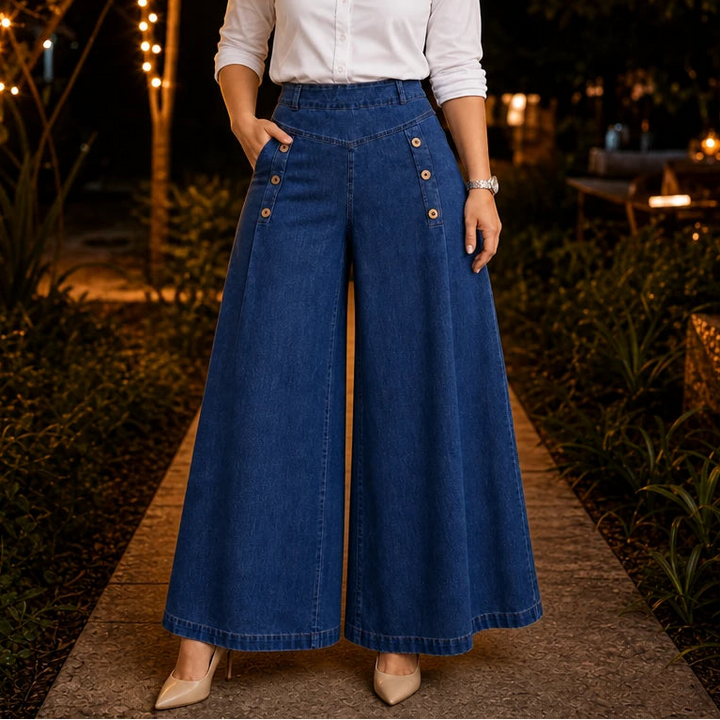 Dames High-Waist Wide-Leg Jeans in donkerblauw, Rechte Pasvorm