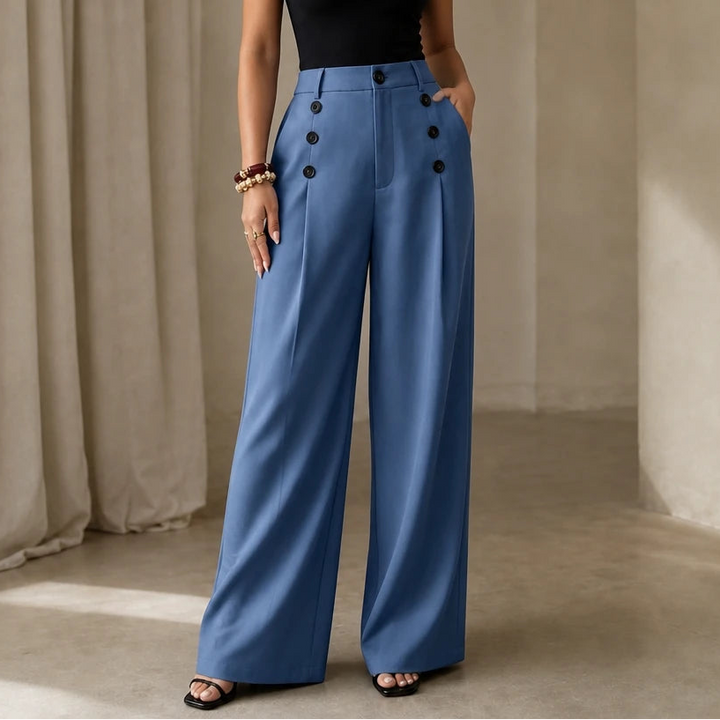 Dames Hoge Taille Plooibroek Wijde Pijpen in blauw, Klassiek Tailored