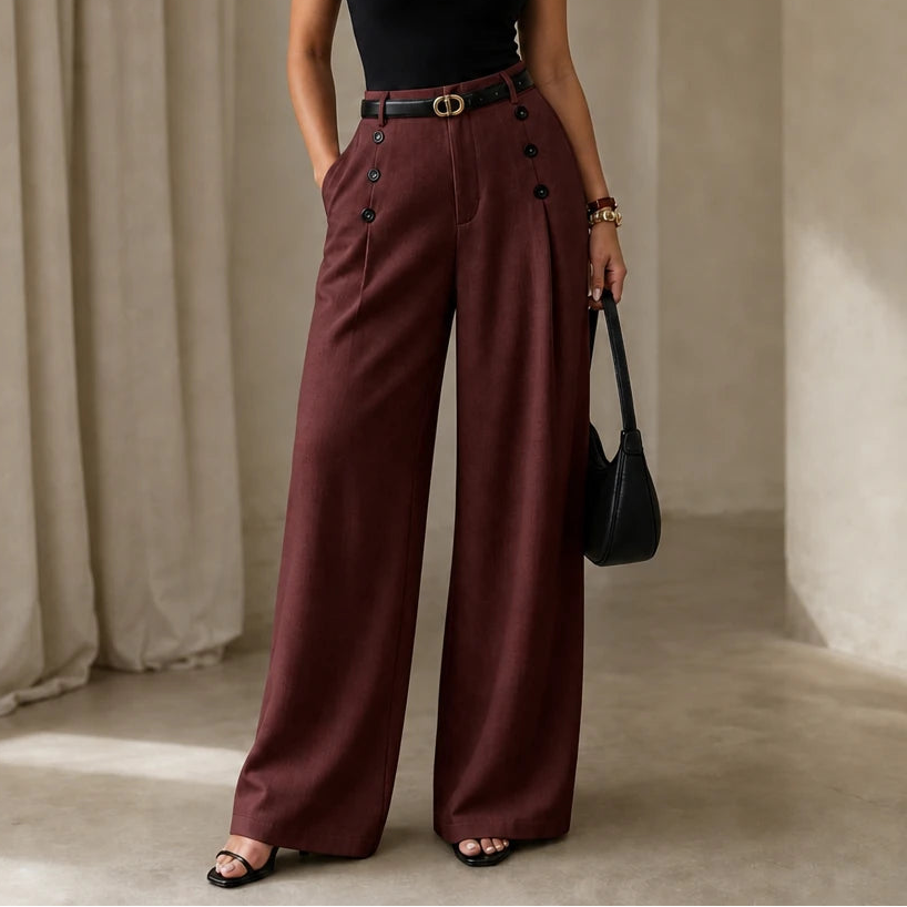 Dames Hoge Taille Plooibroek Wijde Pijpen in bourgondië, Klassiek Tailored