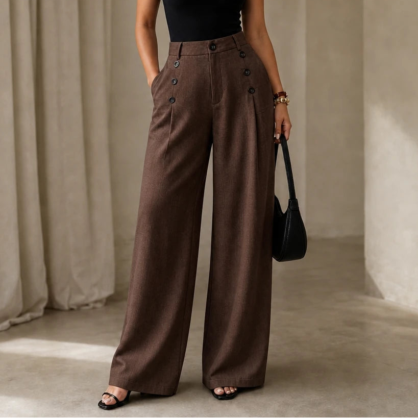 Dames Hoge Taille Plooibroek Wijde Pijpen in bruin, Klassiek Tailored