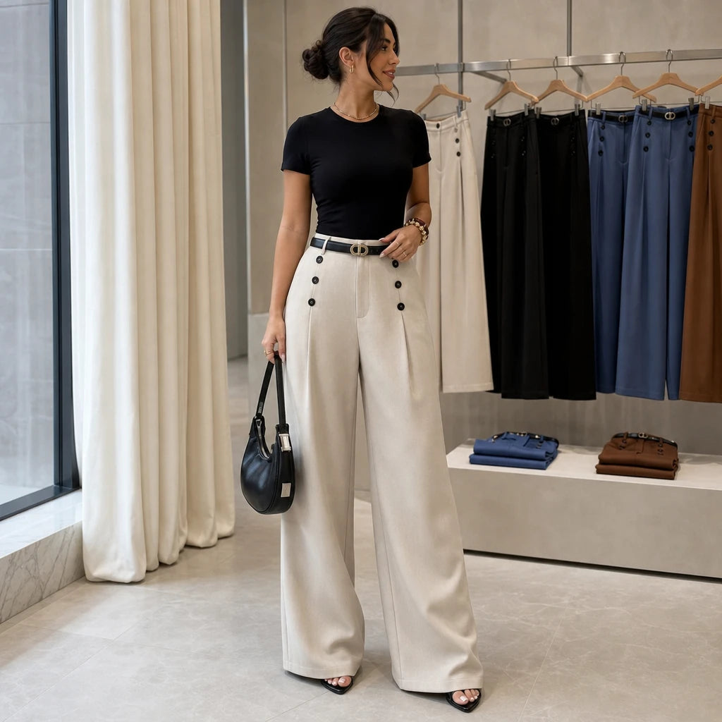 Dames Hoge Taille Plooibroek Wijde Pijpen - Klassiek Tailored
