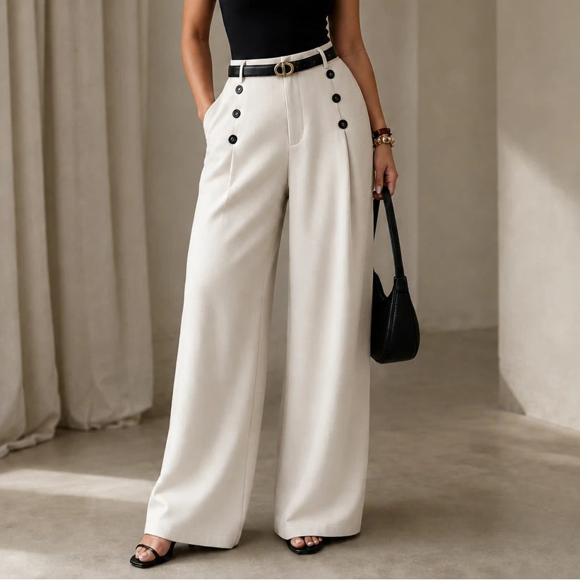 Dames Hoge Taille Plooibroek Wijde Pijpen in wit, Klassiek Tailored