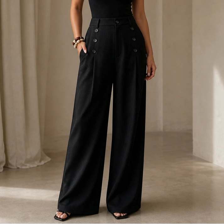 Dames Hoge Taille Plooibroek Wijde Pijpen in zwart, Klassiek Tailored