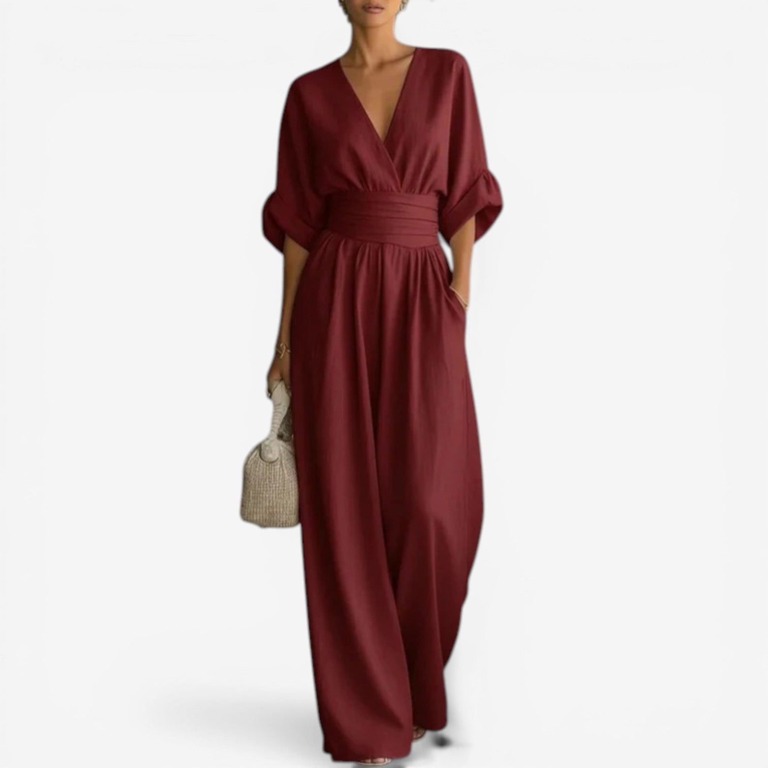 Dames Jumpsuit met Wijde Mouwen - Elegant V-Hals Design - Bordeauxrood