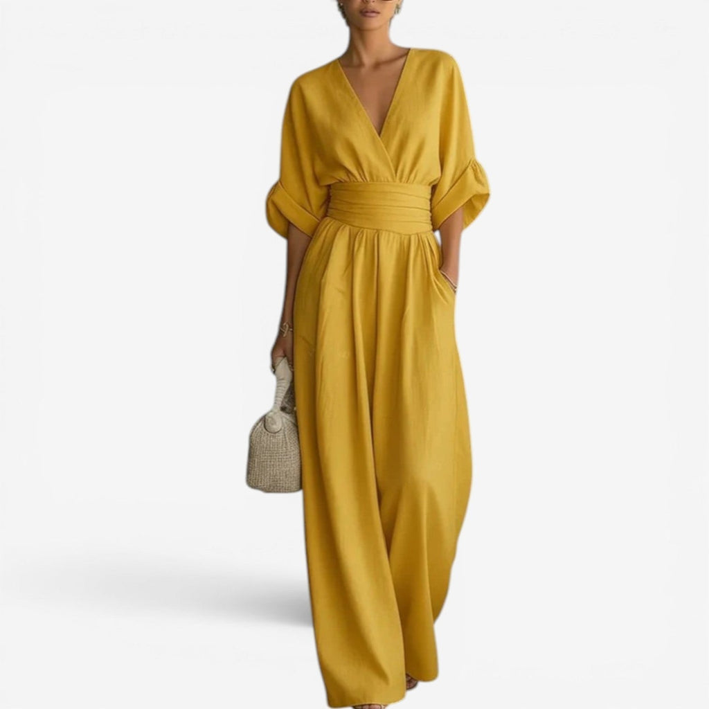 Dames Jumpsuit met Wijde Mouwen - Elegant V-Hals Design - Geel