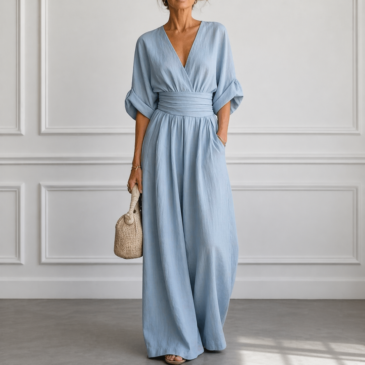 Dames Jumpsuit met Wijde Mouwen - Elegant V-Hals Design - Lichtblauw