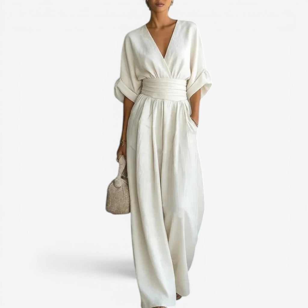 Dames Jumpsuit met Wijde Mouwen - Elegant V-Hals Design - Wit