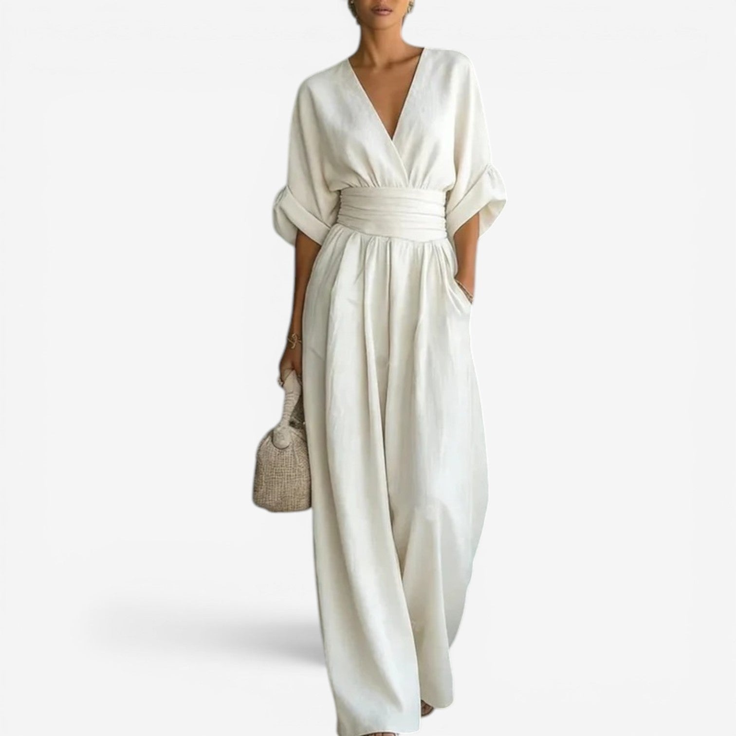 Dames Jumpsuit met Wijde Mouwen - Elegant V-Hals Design - Wit