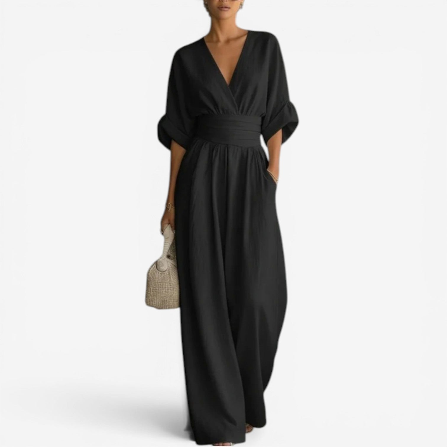 Dames Jumpsuit met Wijde Mouwen - Elegant V-Hals Design - Zwart