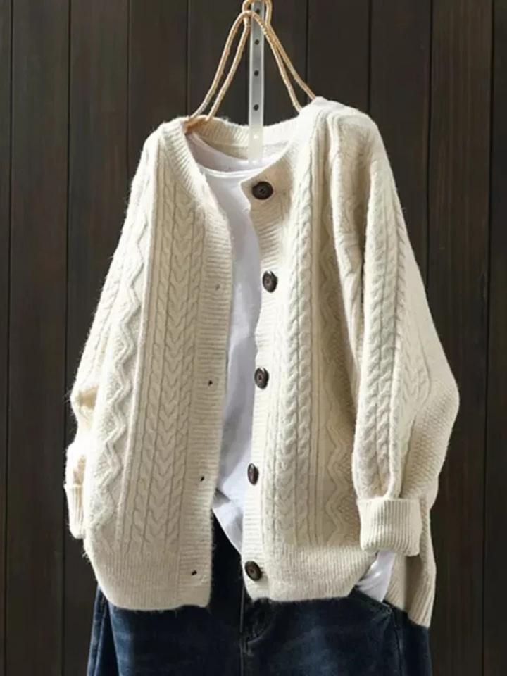 Dames kabelgebreide cardigan met knopen in beige, Klassiek