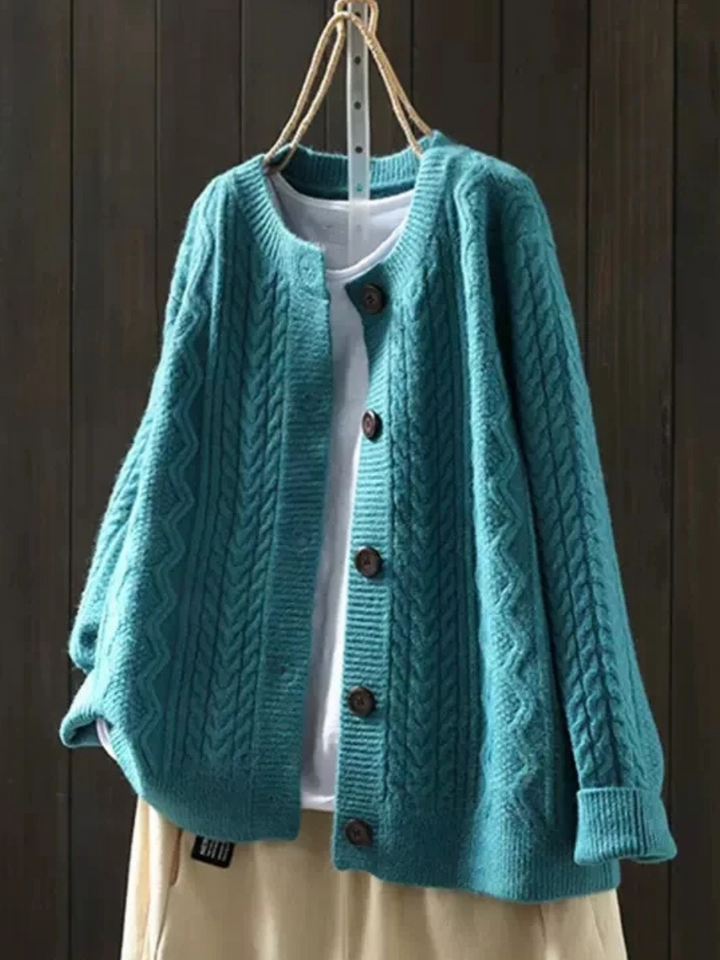 Dames kabelgebreide cardigan met knopen in blauw, Klassiek