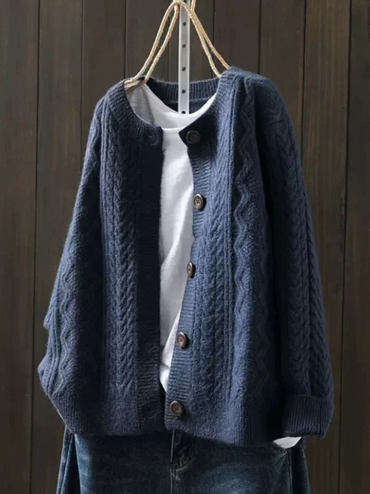 Dames kabelgebreide cardigan met knopen in marineblauw, Klassiek