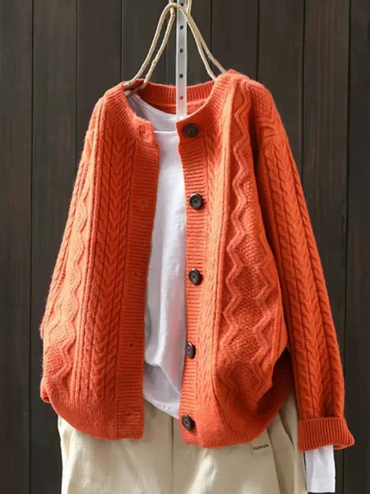 Dames kabelgebreide cardigan met knopen in oranje, Klassiek