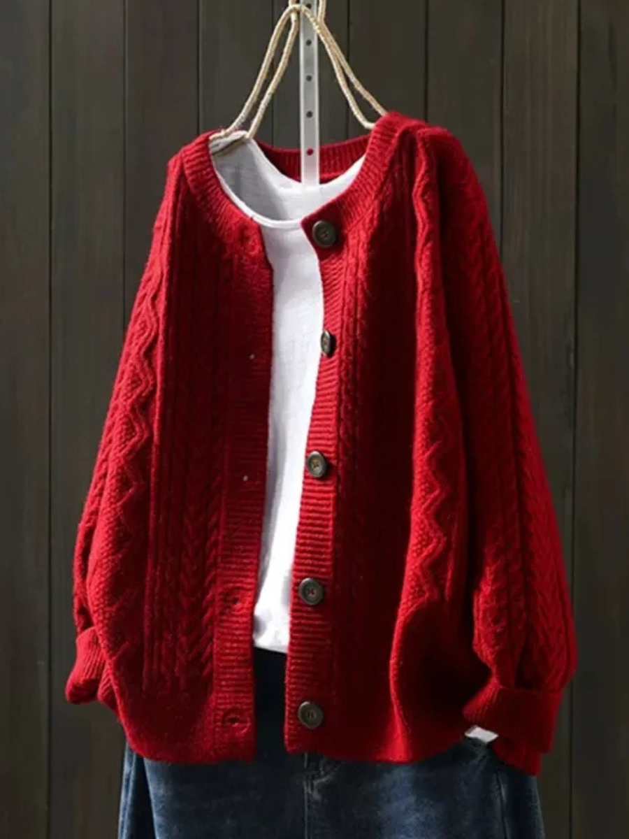 Dames kabelgebreide cardigan met knopen in rood, Klassiek