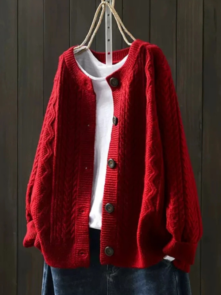Dames kabelgebreide cardigan met knopen in rood, Klassiek