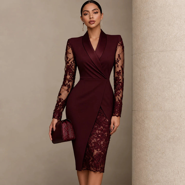 Dames Kant Blazer Wikkel Asymmetrische Zoom Jurk in bordeaux, Elegant