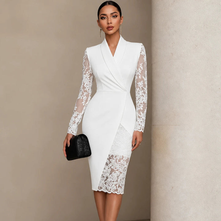 Dames Kant Blazer Wikkel Asymmetrische Zoom Jurk in wit, Elegant