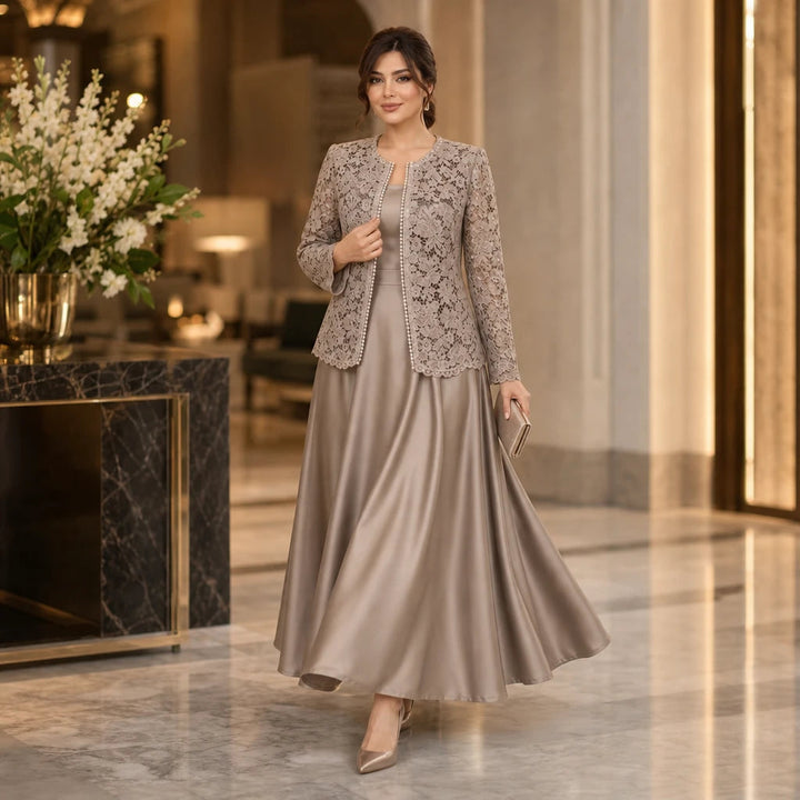 Dames Kant Jasje en Satijn Maxi Jurk Set - Elegante Avondlook